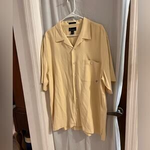 Luau 100% silk yellow  brown music guitar embroidered Hawaiian shirt sz lg